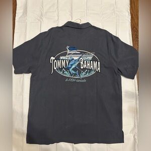 Tommy Bahama 100% Silk Shirt with Marlin Embroidery Size L Button Up Blue Gray